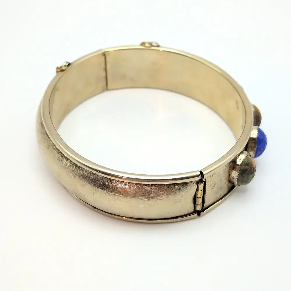 Vintage Gemstone Scarab Hinge Bangle Bracelet Gold Tone With Safety Chain